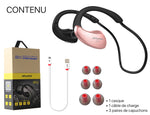 Les écouteurs sport Bluetooth A885BL sont livrés avec un câble de charge, 3 paires de capuchons d'oreilles en plusieurs tailles (petit, moyen , grand)